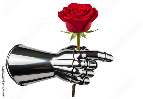 Robotic hand holding a single red rose against a black background