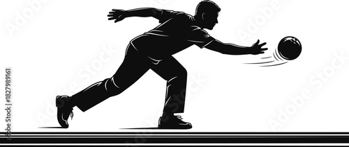 Black silhouette of a man bowling a ball sport game, bowling, man, silhouette, sport, game, action, motion, ball, throwing, releasing, lane, black and white, graphic, illustration, dynamic, athletic, 