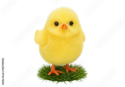 Fluffy yellow easter chick standing on green grass against a black background