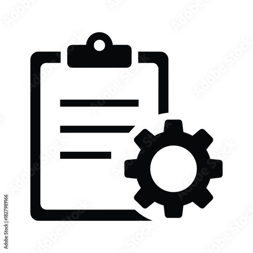 Settings and configuration icon featuring a document clipboard and a mechanical cogwheel