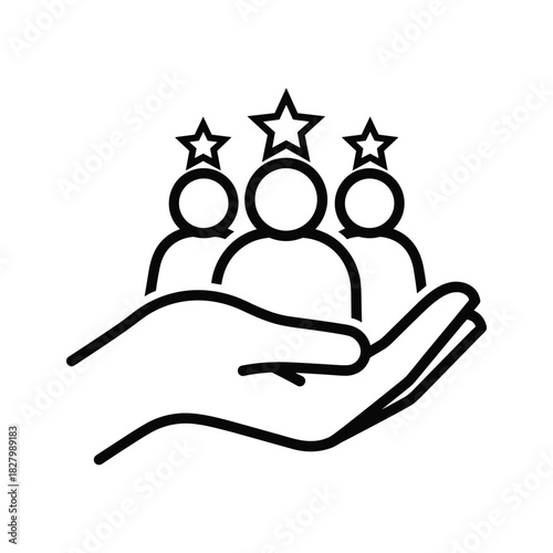 Hand holding three people icons with stars above their heads, isolated on