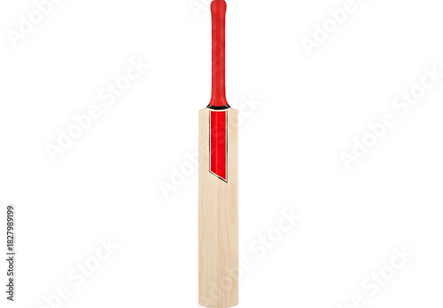 Wooden cricket bat with red grip and strips on black background