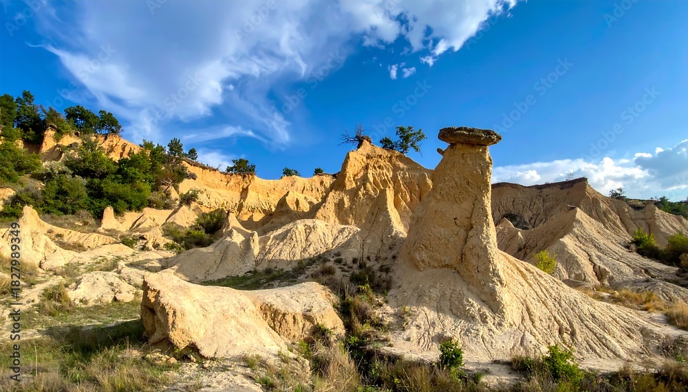 Fototapeta premium Eroded clay hills under a blue, partly cloudy sky, with sparse trees atop some hills