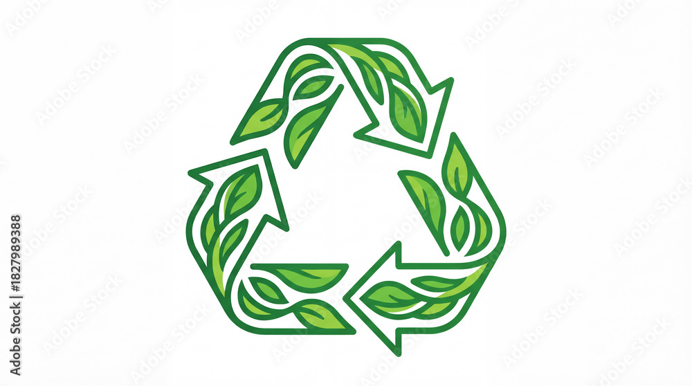 Fototapeta premium Recycling symbol with green leaves on a white background