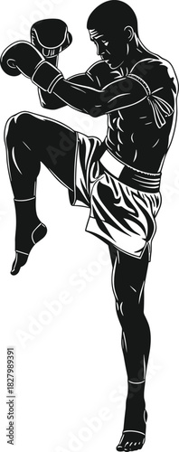 Black silhouette of a Muay Thai fighter in action pose, muay thai, fighter, silhouette, kickboxing, martial arts, combat, sport, athlete, warrior, boxing, gloves, shorts, fighting, action, pose, dynam