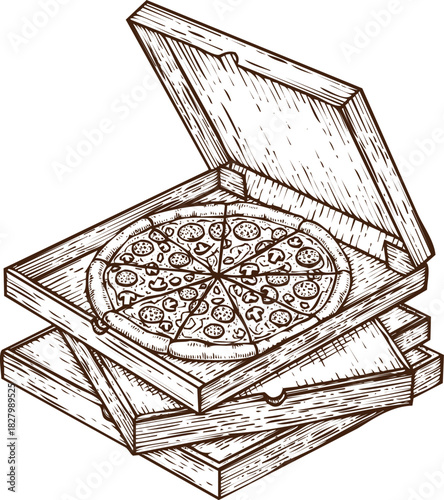 An engraving art style illustration hand drawn sketch of a stack of open pizza boxes with one pizza visible inside the top box