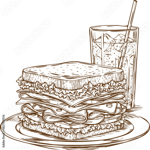 An engraving art style illustration hand drawn sketch of a tall stacked sandwich served on a plate next to a tall glass with a straw