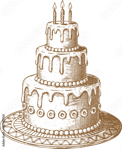 An engraving art style illustration vintage illustration of a tall, tiered wedding cake with dripping icing and candles on top