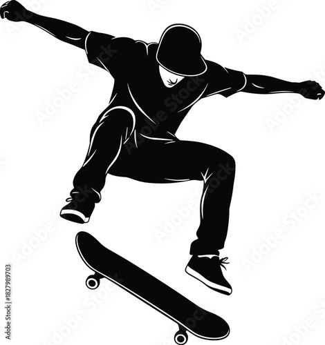 Black silhouette of a skateboarder performing a trick, skateboarder, silhouette, black and white, trick, skateboarding, sport, action, jump, air, motion, dynamic, extreme sport, youth culture, urban, 