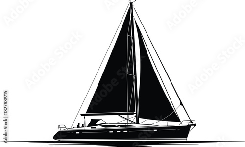 Black silhouette of a sailboat with dark sails sailing, sailboat, sailing, boat, water, sea, ocean, travel, leisure, recreation, sport, nautical, marine, vessel, ship, yacht, silhouette, black and whi