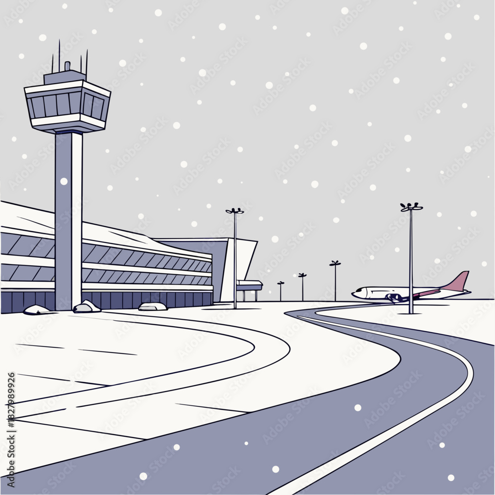 Obraz premium Snowy Airport Scene Control Tower Terminal and Airplane.