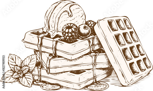 An engraving art style illustration hand drawn sketch of stacked waffles topped with a scoop of ice cream, berry, and mint leaf garnish