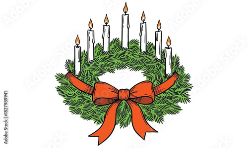 Hand-drawn minimalist Advent wreath illustration with green evergreen branches, seven taper candles, and a bright orange bow