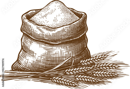 An engraving art style illustration vintage hand drawn sketch of a sack full of flour next to several stalks of wheat
