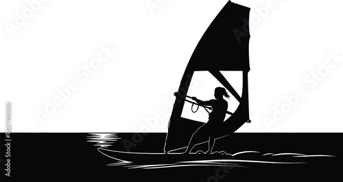 Black silhouette of a windsurfer on white background, windsurfing, windsurfer, silhouette, black and white, water sport, ocean, sea, sailing, extreme sport, active lifestyle, recreation, leisure, spor