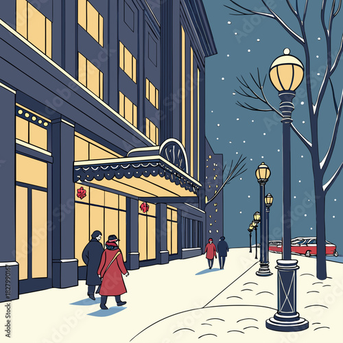 Winter Evening Stroll People Walking by Building in Snowy City.