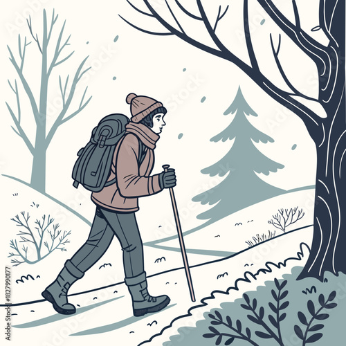 Winter Hike A Lone Trekker in a Snowy Landscape.