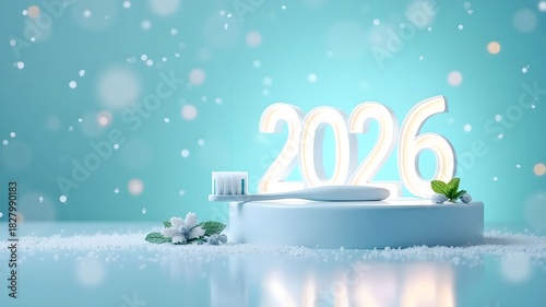 New Year's oral hygiene banner, toothpaste and toothbrush.
