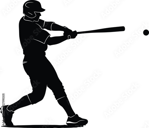 Black silhouette of baseball player swinging bat at ball, baseball, batter, swing, bat, ball, sport, athlete, game, action, silhouette, black and white, graphic, illustration, dynamic, motion, player,