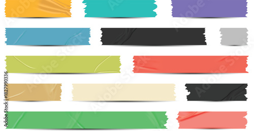 Adhesive tape, sticky paper stripes. Colorful stripes and pieces of duct paper, scotch or Washi paper. Transparent duct tape in different shapes. Vector