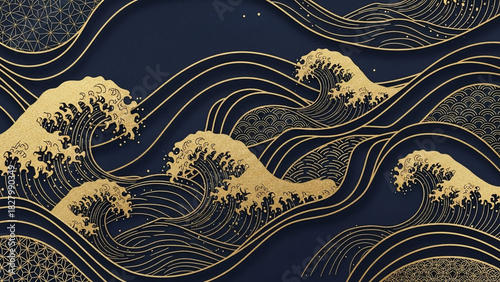 Fototapeta Naklejka Na Ścianę i Meble -  Elegant golden wave pattern illustration on a dark blue background for design projects