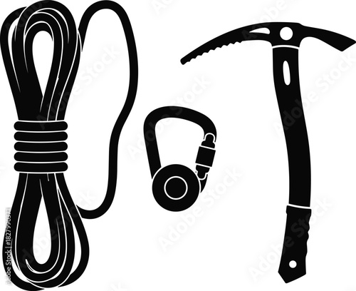 Black silhouette of coiled rope ice axe and carabiner, rope, coiled rope, climbing rope, ice axe, carabiner, climbing gear, mountaineering, equipment, safety, adventure, outdoor, sport, black and whit