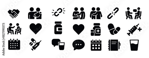 Health and relationship icons: communication, medicine, and connection symbols