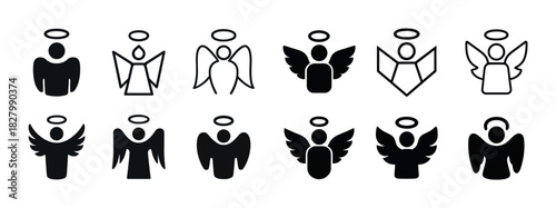 Set of twelve angelic icons in black and white with various wing designs