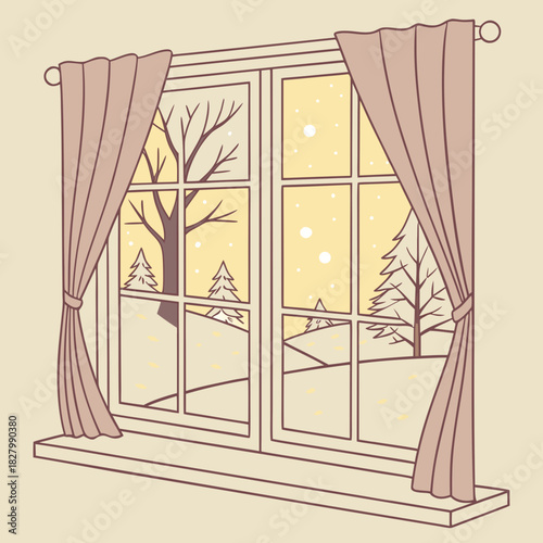 Winter Window View with Curtains and Snowy Landscape.