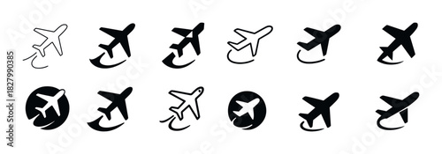 Various airplane icons in black and white silhouettes and circles