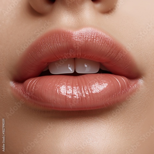 Macro beauty de labios con brillo transparente y sonrisa sutil, tendencia clean girl makeup