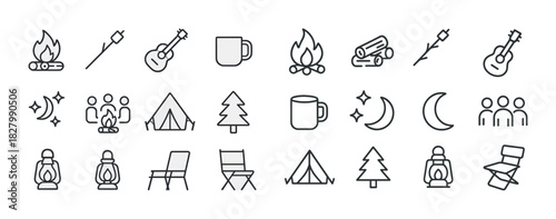 Camping icon set featuring fire, guitar, coffee mug, tent, and lantern