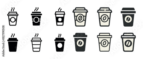 Set of coffee cup icons in various styles and shades