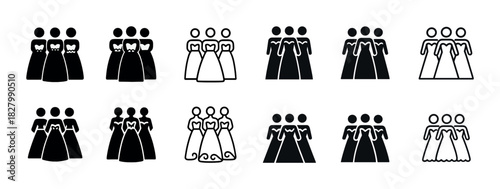 Uniform icon set: three women in identical dresses varied styles