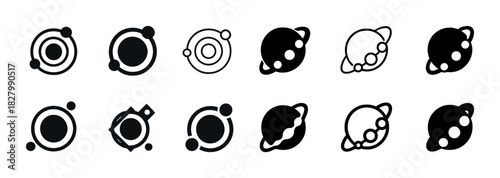 Stylized planetary symbols: vector icons of celestial bodies and orbits