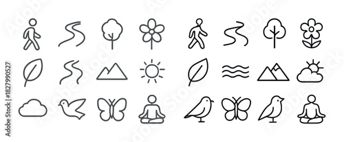Minimalistic nature and outdoor icons: trees, flowers, sun, animals, and more
