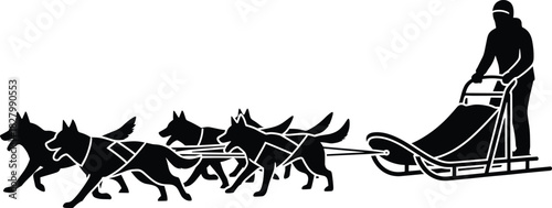 Black silhouette of person driving dog sled team sled dog, dog sled, sled dog, husky, malamute, arctic, winter, snow, transportation, travel, team, dogs, person, driver, silhouette, black and white, g