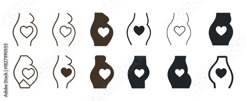 Set of pregnancy icon silhouettes with heart motif