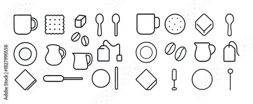 Minimalist coffee and tea line icons collection with cups and utensils