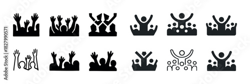 Set of diverse group silhouettes with raised hands in various poses