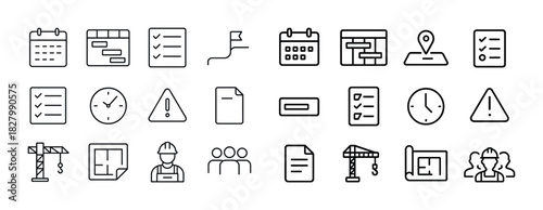 Project management icons: schedule, tasks, map, alerts, construction