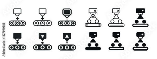 Set of conveyor belt and production line icons in black and white