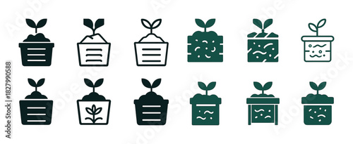 Collection of black and green plant icons in various pots for gardening inspiration