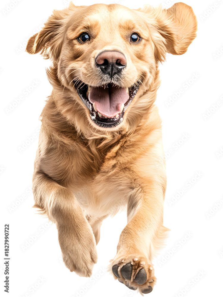 Fototapeta premium Happy dog running forward, isolated on transparent background, perfect for pet branding, joyful designs, animal themes, and energetic promotional visuals..