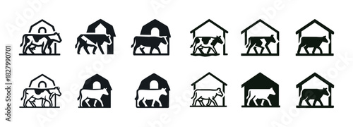 Silhouette collection of cows and calves in barns