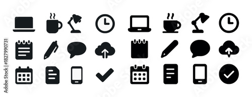 Office and communication icons: laptop, coffee, desk lamp, clock, calendar, smartphone
