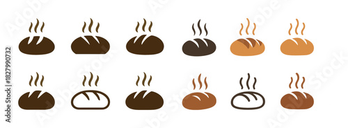Variety of stylized bread icons with steam in different shades