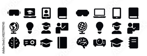 Education icons: technology, learning, brain, books, graduation caps