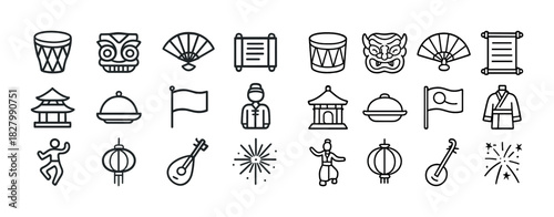 Traditional asian cultural icons: masks, fans, instruments, and fireworks