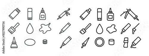 Outline icons of glue bottles, glue drops, and glue brushes in various formats